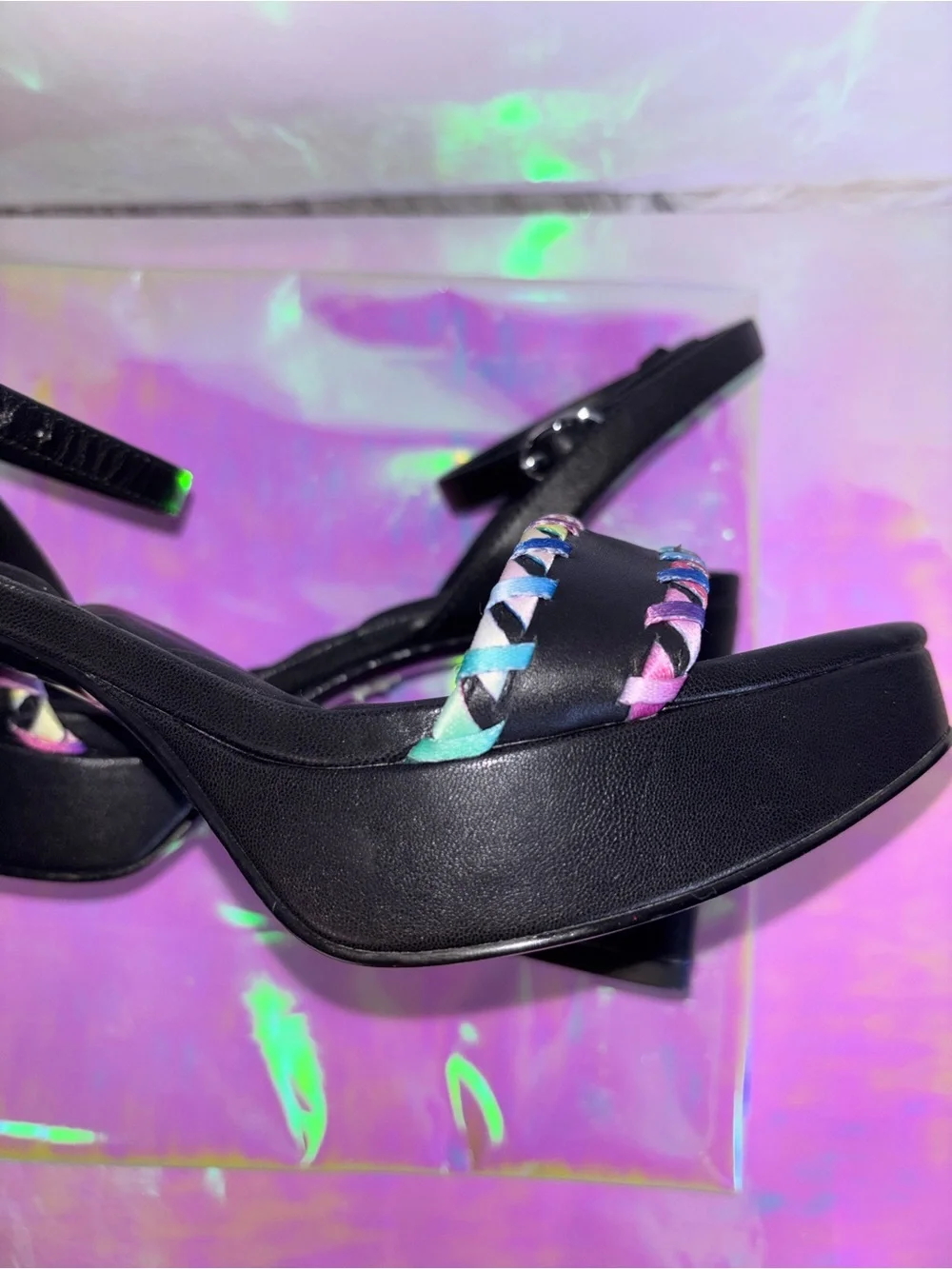 Karl Lagerfeld Black Leather Sandal with Rainbow Braided Trim NWOT 6.5 & 9